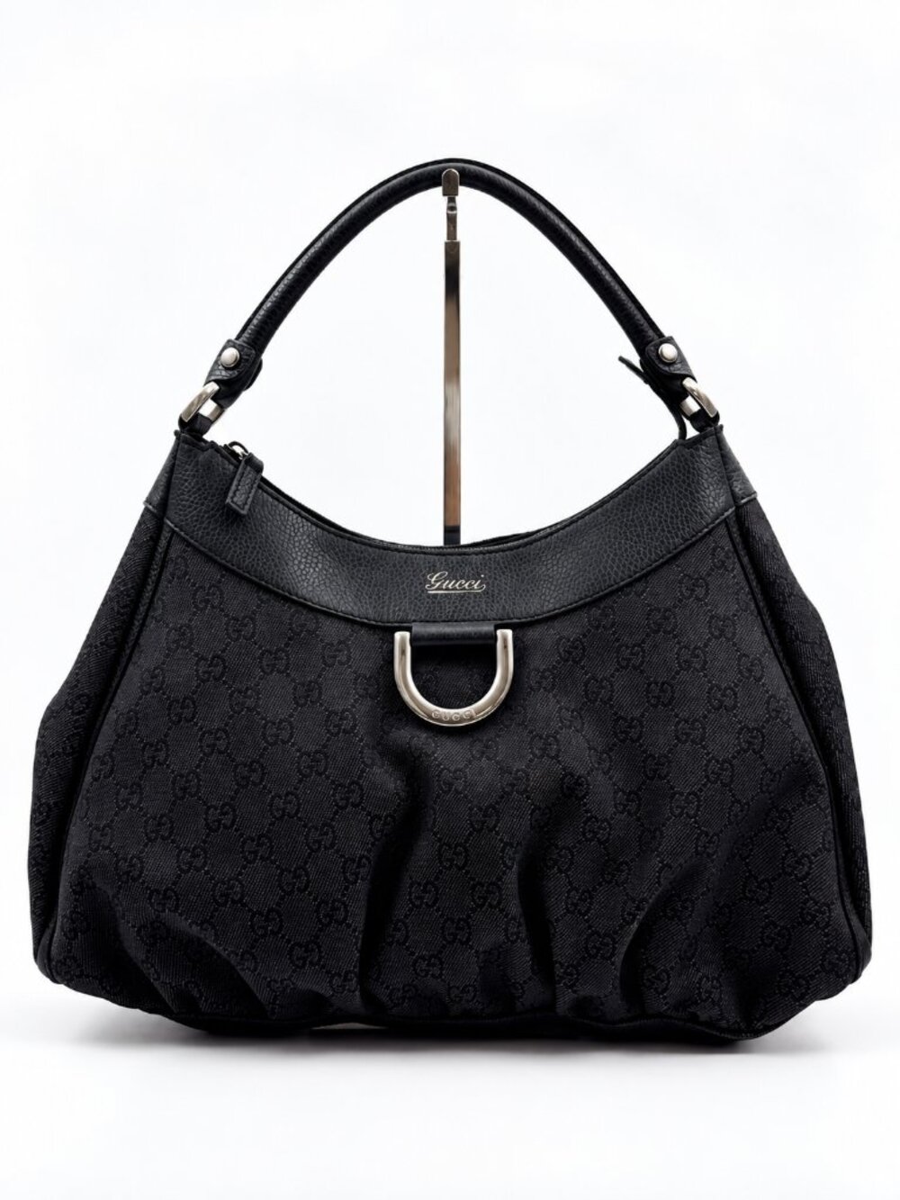 Gucci Black GG Canvas D-Ring Hobo Shoulder Bag Leather Trim